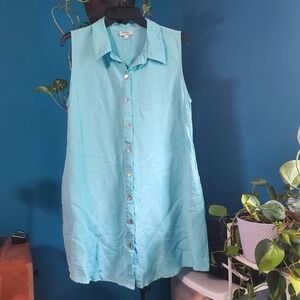 TooFan 100%Linen Sz L‎  Sleeveless Button-Down Tunic Top - Turquoise